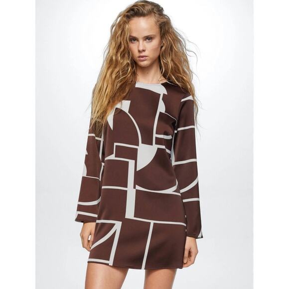 NWT Mango MNG Abstract Geo Print Long Sleeve Satin Dress Brown Cream Size M - Picture 8 of 13